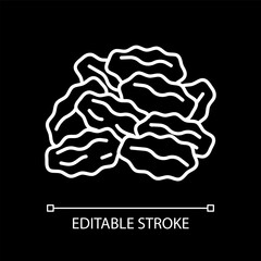 Raisins white linear icon for dark theme. Dry grapes. Dehydrated fruits. Vitamins and nutrition. Thin line customizable illustration. Isolated vector contour symbol for night mode. Editable stroke