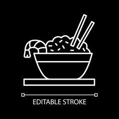 Rice with prawn white linear icon for dark theme. Bowl with seafood dish. Asian cuisine. Thin line customizable illustration. Isolated vector contour symbol for night mode. Editable stroke