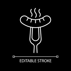Sausage on fork white linear icon for dark theme. Hot steaming bratwurst. Grilled food. Thin line customizable illustration. Isolated vector contour symbol for night mode. Editable stroke
