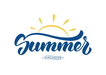 Fototapeta na wymiar Vector Brush lettering composition of Summer Vacation with sun isolated on white background.