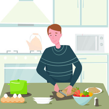 Delicious dinner food flat design. A man is preparing dinner in the kitchen. Cuts the bread. Dishes, vegetables, food.