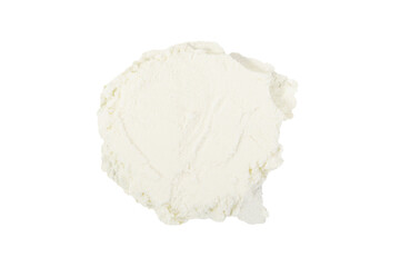 close up of powdered milk and spoon for baby on isolated white background 