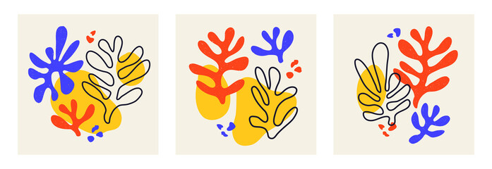 Fototapeta na wymiar Vector set of contemporary compositions with aesthetic hand drawn abstract leaves and fluid shape forms. Creative Matisse inspired floral illustration. Childish scandinavian background, poster, print