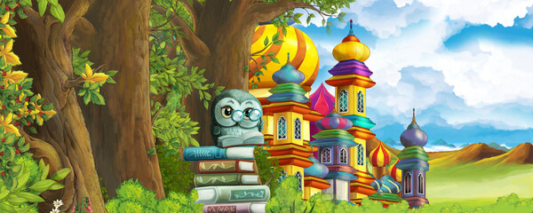 Cartoon nature scene with beautiful castle and the forest illustration