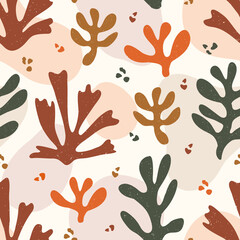 Fototapeta premium Vector contemporary seamless pattern with aesthetic hand drawn abstract leaves and fluid shape forms. Creative Matisse inspired floral pattern. Childish scandinavian background, wallpaper, apparel