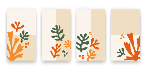 Vector set of social media stories templates with trendy contemporary aesthetic hand drawn abstract leaves and fluid shape forms. Backgrounds with creative Matisse inspired floral illustrations