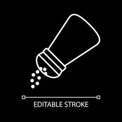 Salting white linear icon for dark theme. Pouring pepper. Seasoning food. Condiment in jar. Thin line customizable illustration. Isolated vector contour symbol for night mode. Editable stroke