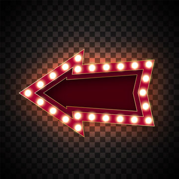 Advertising signs for attracting the customers. The pointer arrow is directed to the left, with glowing lights along the contour. Red tones. Gold border. On a transparent background. Isolated.
