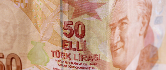 close-up Turkish Lira banknote on background