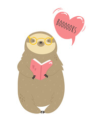 Vector illustration of a cute funny sloth with book.