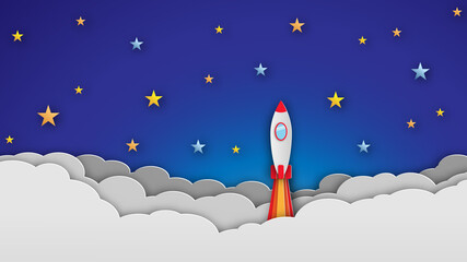 vector business startup idea, rocket flying above clouds with blue sky background