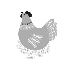 Spring chicken in nest folksy vector illustration. Nesting hen bird decorative design for Spring Easter greeting. Vector folklore illustration for card poster wall art home decor