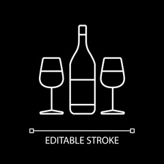 Wine for romantic dinner white linear icon for dark theme. Couple date. Wine tasting. Alcohol drink. Thin line customizable illustration. Isolated vector contour symbol for night mode. Editable stroke