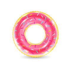 Inflatable ring looking like donut isolated on white background. Realistic colorful rubber swimming buoy. Vector illustration of top view at pool floater in glazed doughnut shape, beach toy