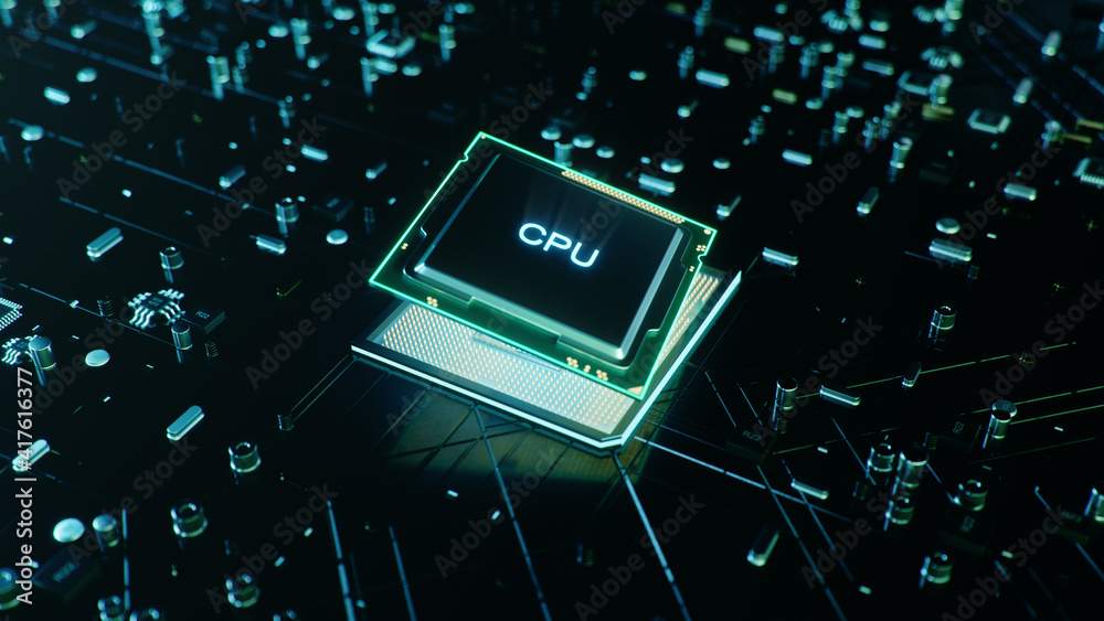 Poster technological background with cpu and circuit board. flying cpu and installation in center circuit b