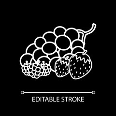 Fresh berries white linear icon for dark theme. Ripe grape. Raspberry and strawberry. Thin line customizable illustration. Isolated vector contour symbol for night mode. Editable stroke