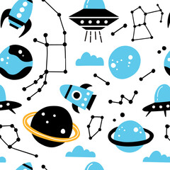 Space background for kids in flat vector style.  Seamless pattern with hand-drawn planets, rockets, stars, UFO and zodiac signs. Cute space collection for nursery