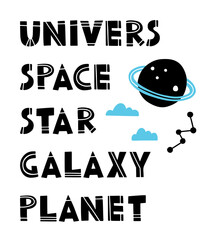 Vector flat space alphabet for kids. Alphabet poster for kids in space style. Vector font in the style of a spaceship. Astronomical alphabet on white isolated background. ABC space theme poster