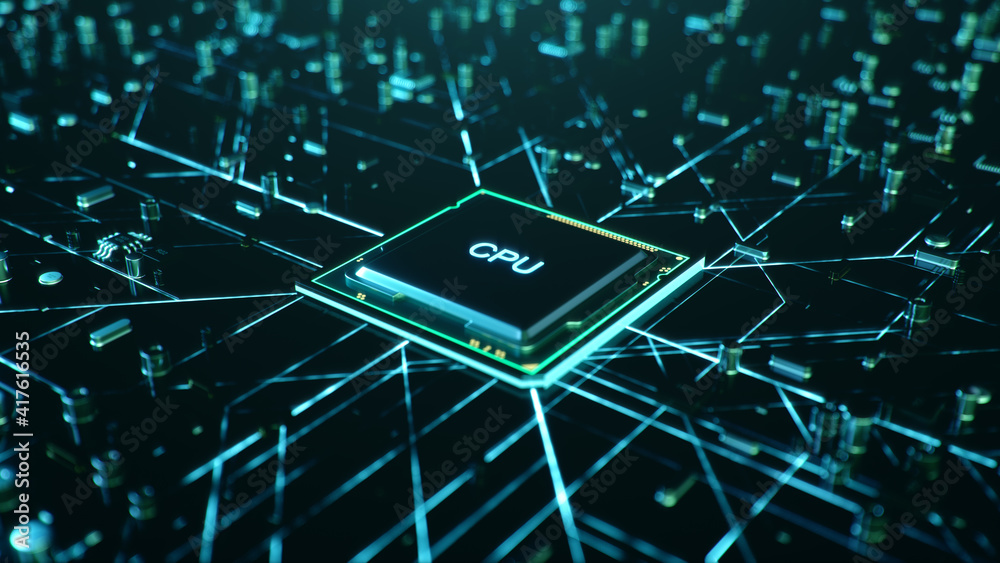 Poster technological background with cpu and circuit board. flying cpu and installation in center circuit b