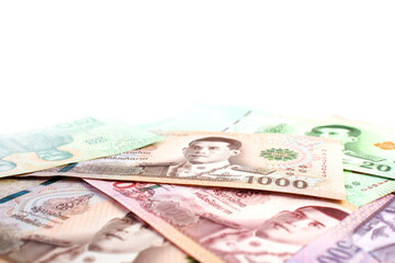 money banknote thai baht on white for banner background, savings money and financial business concept, copy space