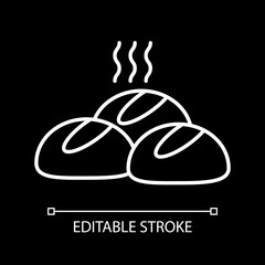 Hot buns white linear icon for dark theme. Steaming bread loafs. Bakery goods. Sweet pastry. Thin line customizable illustration. Isolated vector contour symbol for night mode. Editable stroke