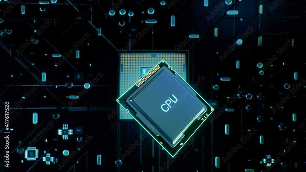 Poster technological background with cpu and circuit board. flying cpu and installation in center circuit b