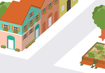 花壇のある街並みの立体イラスト