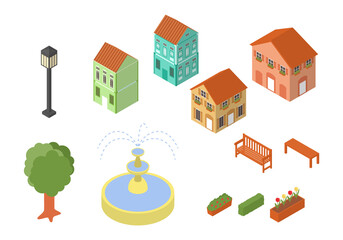 アイソメの街並みイラストセット