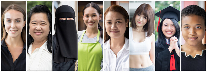 Collage of diverse and inclusive women from around the world, concept of international women’s...