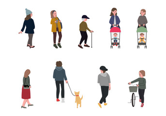 街を歩く幅広い年齢層の人々のイラストセット