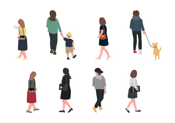 街を歩く人の後ろ姿のイラストセット