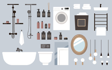 Vector flat bathroom furniture set. Assemble bathroom yourself, deluxe hotel room, spa salon, suite. Toilet, shower, lights, chandelier, towels, cosmetics, shampoo, mirror. Loft interior