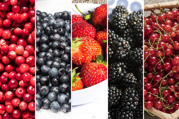 A collage of berries. Fresh ripe strawberries, blackberries , blueberries, cranberries and currants.Healthy Eating Concept