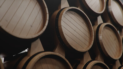 Barrels of wine, whiskey, bourbon liqueur or cognac in the basement. Aging of alcohol in oak barrels in warehouse. Wine, beer, whiskey casks stacked in a cellar, 3D illustration