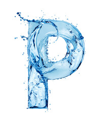 Latin letter P made of water splashes, isolated on a white background
