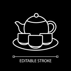Tea set white linear icon for dark theme. Serving drinks. Tea ceremony. Pitches and saucer, teacups. Thin line customizable illustration. Isolated vector contour symbol for night mode. Editable stroke