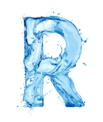Fototapeta na wymiar Latin letter R made of water splashes, isolated on a white background