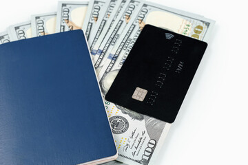 Money, credit card and passport isolated on a white background. Travel and vacation concept.
