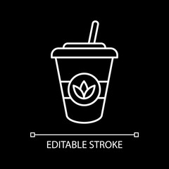 Iced tea white linear icon for dark theme. Summer refreshment. Drink in cup with straw. Thin line customizable illustration. Isolated vector contour symbol for night mode. Editable stroke