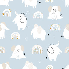 Vector hand-drawn colored childish seamless repeating simple flat pattern with cute elephants, rainbows in Scandinavian style on a blue background. Cute baby animals. Pattern for kids.