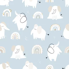 Wall murals Out of Nature Vector hand-drawn colored childish seamless repeating simple flat pattern with cute elephants, rainbows in Scandinavian style on a blue background. Cute baby animals. Pattern for kids.