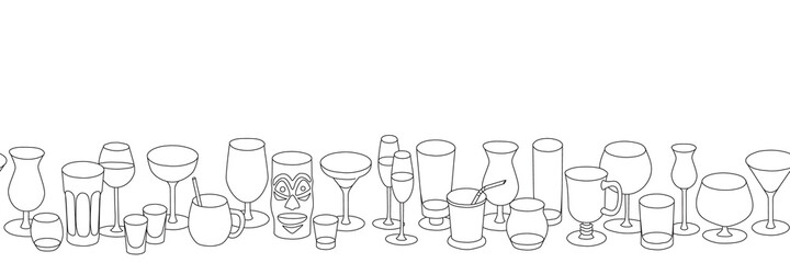Hand-drawn cartoon doodle style vector ornament with variety of bar cocktail glasses as martini, margarita, rocks. Horizontal website banner, social network group profile header image with copy space
