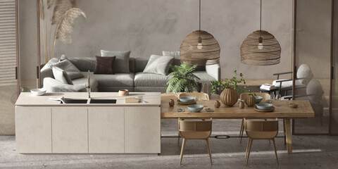 Minimalism modern interior  scandinavian design. Bright studio living, kitchen and dining room. Table with dishes, kitchen island and green plants. 3d render. 3d illustration.