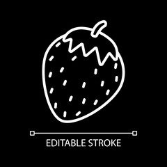 Strawberry white linear icon for dark theme. Fresh berry. Ripe fruit. Nutrient food. Thin line customizable illustration. Isolated vector contour symbol for night mode. Editable stroke