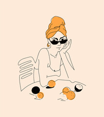 Fashionable girl in sunglasses sits at a table. Orange oranges are scattered on the table. linear portrait of a girl. poster for lingerie designer and swimwear shop, cosmetology, massage. 