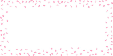 Sakura petals falling down. Romantic pink silky small flowers. Sparse flying cherry petals. Wide sca