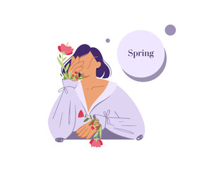 Cartoon stylized character girl with flowers. Fashionable spring illustration for March 8. International Women's Day. Portrait of a girl in a beautiful blouse, in whose sleeves there are flowers
