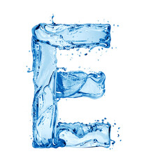 Latin letter E made of water splashes, isolated on a white background