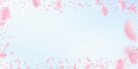 Fototapeta na wymiar Sakura petals falling down. Romantic pink flowers frame. Flying petals on blue sky wide background.