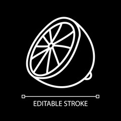 Cut lemon white linear icon for dark theme. Half of lime. Fresh sour fruit. Citric food. Thin line customizable illustration. Isolated vector contour symbol for night mode. Editable stroke